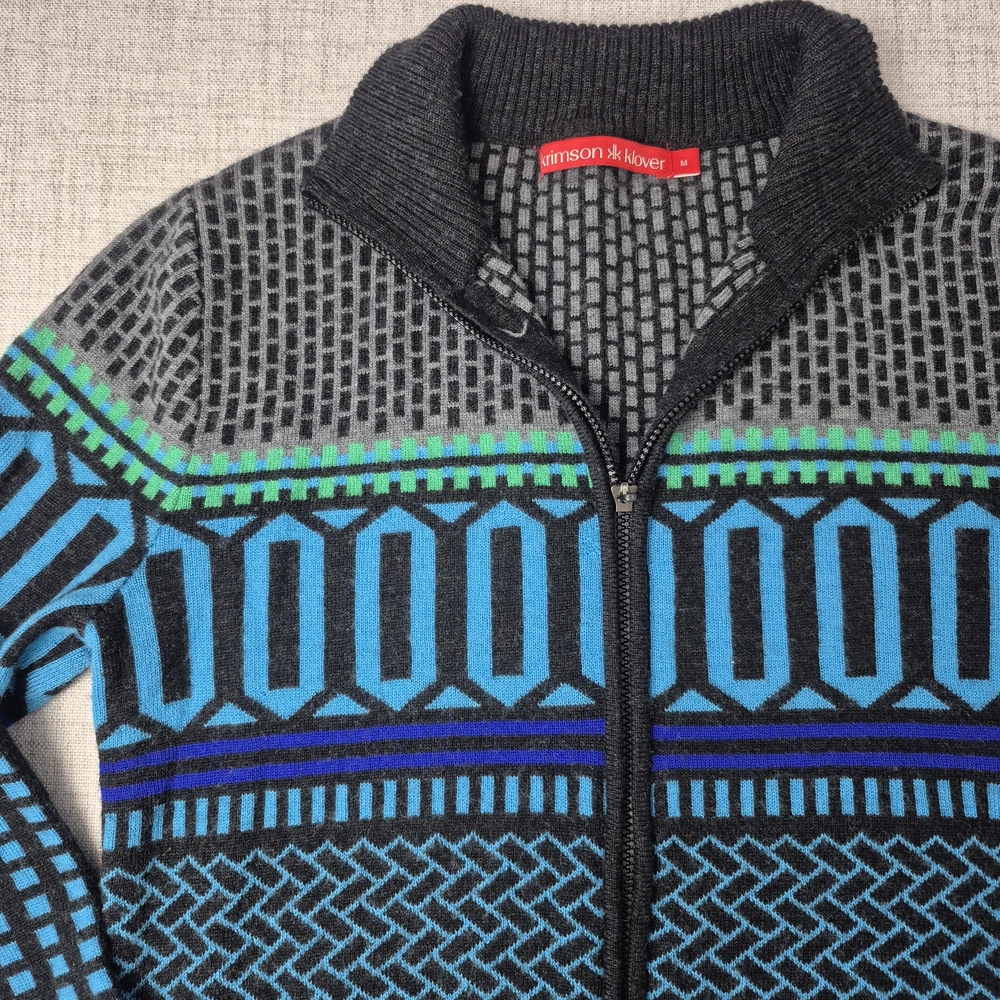 Krimson Klover 100% Merino Wool Full Zip Sweater Nordic Geometric Blue M - Picture 5 of 12